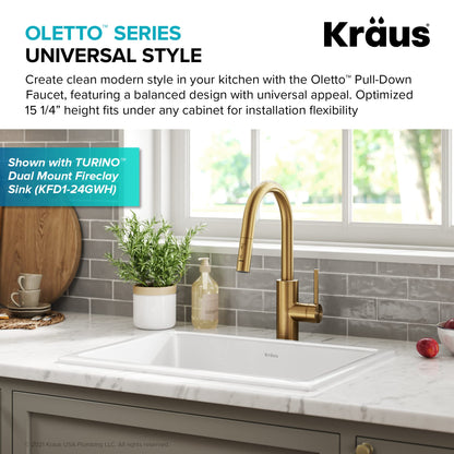 KRAUS Olettoâ„¢ Single Handle Pull Down Kitchen Faucet in Brushed Brass Finish