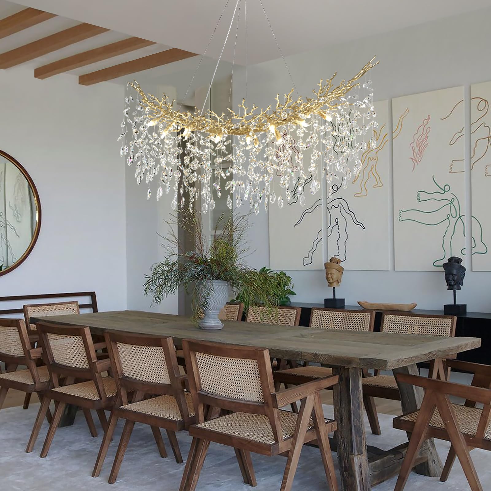 kvtinmty Modern Crystal Gold Chandelier, 55" Large Rectangular Oval Tree Branch Crystal Chandeliers for Dining Room,16-Light Flush Mount K9 Crystal Chandeliers, for Kitchen Island,Dining Room