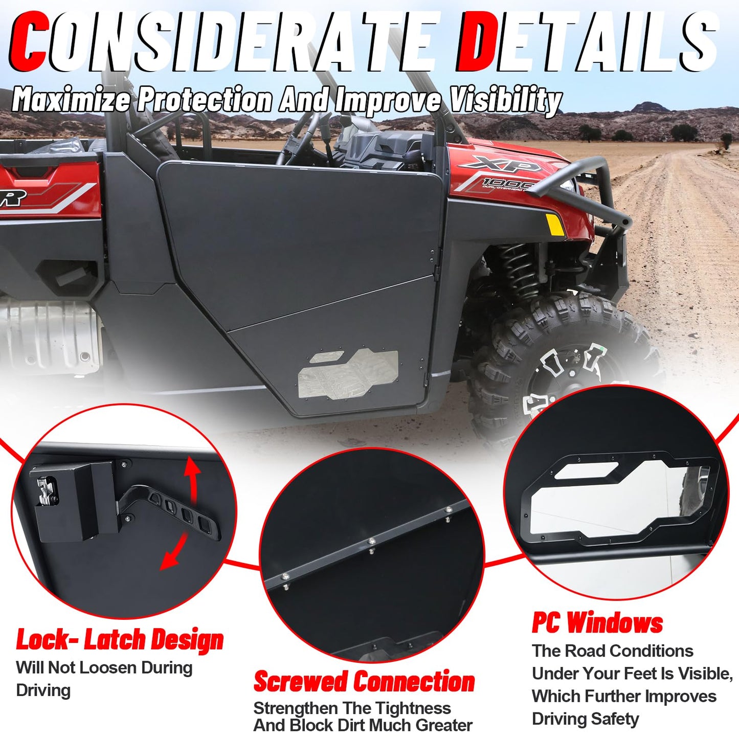 StarknightMT Ranger XP 1000 Half Doors, Aluminum Lower Door Panels With Clear PC Windows Compatible With Polaris Ranger XP 1000 2018-2025