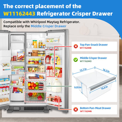 UPGRADED W11162443 Refrigerator Crisper Drawer Compatible with Whirlpool Crisper Drawer W11046494 Maytag Crisper Drawer Replacement WRS315SDHZ WRS321SDHZ WRS325SDHZ WRS315SDHM MSS25N4MKZ Upper Drawer