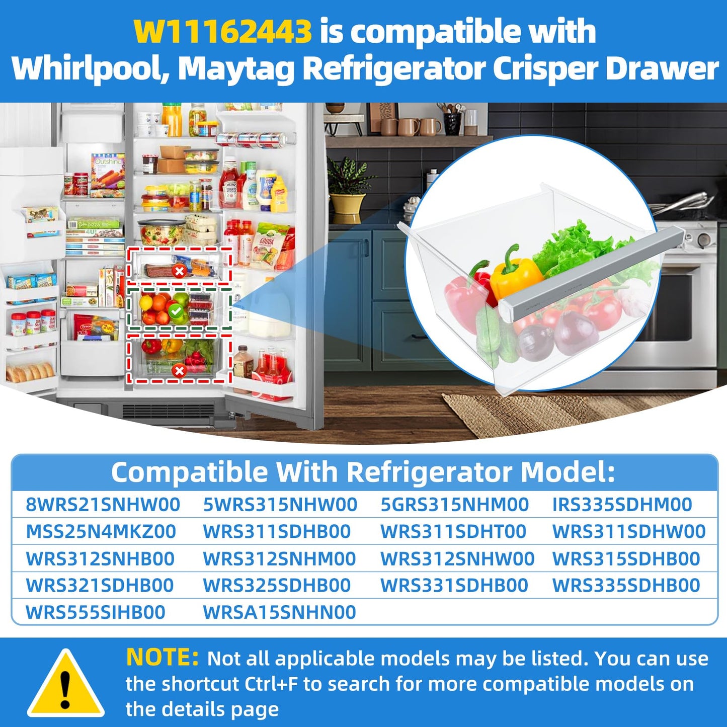 UPGRADED W11162443 Refrigerator Crisper Drawer Compatible with Whirlpool Crisper Drawer W11046494 Maytag Crisper Drawer Replacement WRS315SDHZ WRS321SDHZ WRS325SDHZ WRS315SDHM MSS25N4MKZ Upper Drawer
