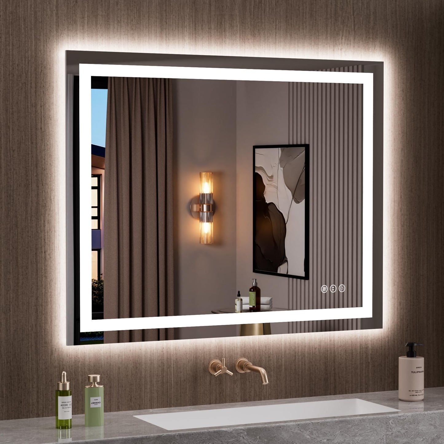 LOAAO 39.4"x31.5" LED Mirror for Bathroom, Lighted Bathroom Mirror with Lights, Anti-Fog, Dimmable, Memory Function, Easy to Install, Clear Reflection