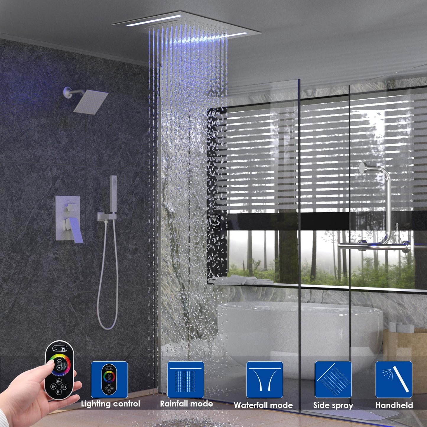 ENGA Dual Rain Shower Head System, 2 In 1 Functions Ceiling Mount 14x20inch LED Shower Head with 6 Inch Shower Head, Rainfall Waterfall Shower Faucet Set, Brushed Nickel