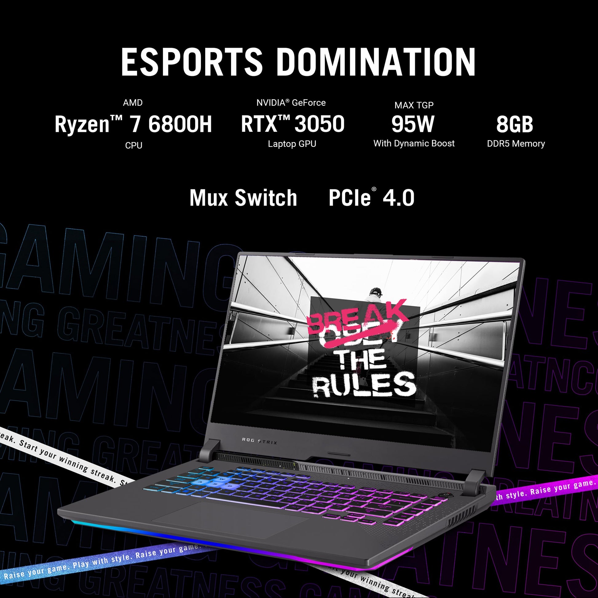 Asus ROG Strix G15 Gaming Laptop, 15.6â€ 16:9 FHD 144Hz, GeForce RTX 3050, AMD Ryzen 7 6800HS, 8GB DDR5, 512GB PCIe SSD, Wi-Fi 6E, Windows 11 Home, G513RC-EH71