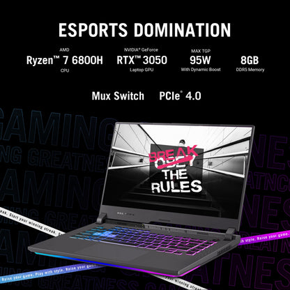 Asus ROG Strix G15 Gaming Laptop, 15.6â€ 16:9 FHD 144Hz, GeForce RTX 3050, AMD Ryzen 7 6800HS, 8GB DDR5, 512GB PCIe SSD, Wi-Fi 6E, Windows 11 Home, G513RC-EH71