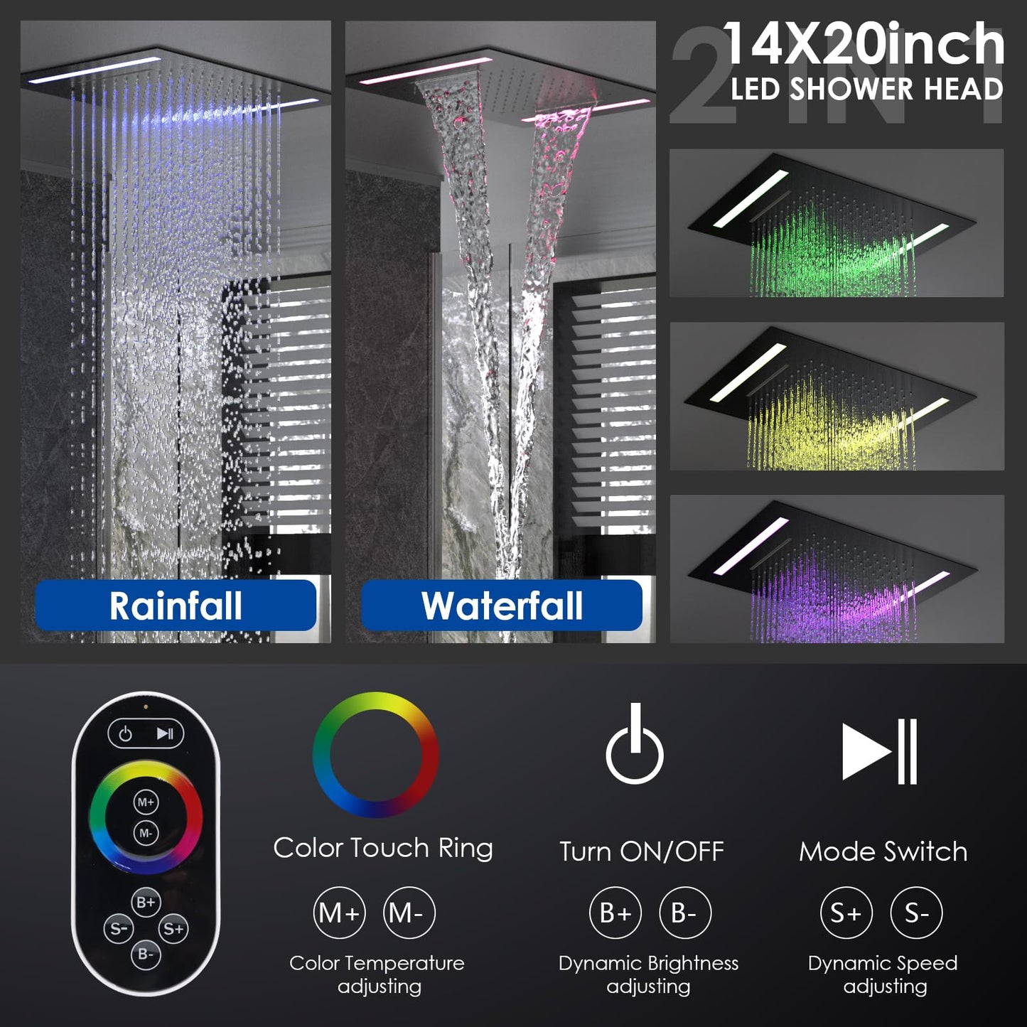 ENGA Shower System with Body Jets, 2 In 1 Functions Ceiling Mount 14x20inch LED Shower Head with 4 Body Jets, Rainfall Waterfall Shower Faucet Set, Matte Black