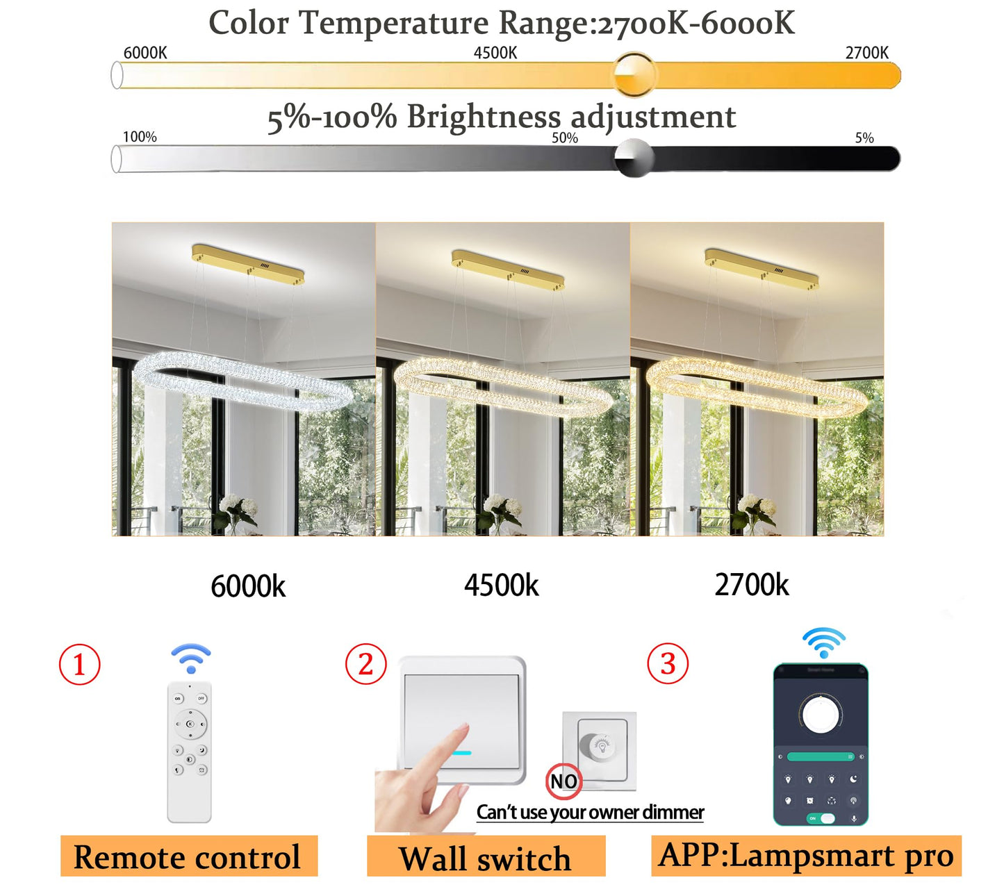 Oval Crystal Chandelier, 47.2'' Gold Crystal Ring Pendant Light for Kitchen Island Modern Linear Oval Chandeliers for Dining Room Dimmable 3000K-6000K