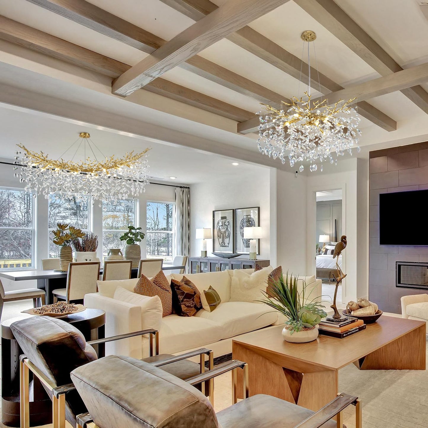 kvtinmty Modern Crystal Gold Chandelier, 55" Large Rectangular Oval Tree Branch Crystal Chandeliers for Dining Room,16-Light Flush Mount K9 Crystal Chandeliers, for Kitchen Island,Dining Room