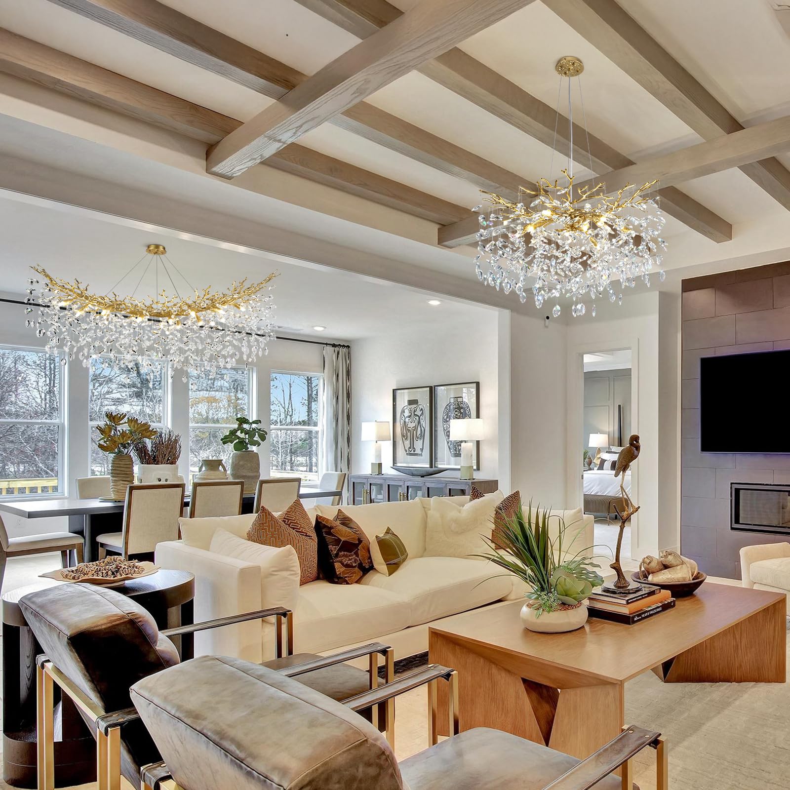 kvtinmty Modern Crystal Gold Chandelier, 55" Large Rectangular Oval Tree Branch Crystal Chandeliers for Dining Room,16-Light Flush Mount K9 Crystal Chandeliers, for Kitchen Island,Dining Room