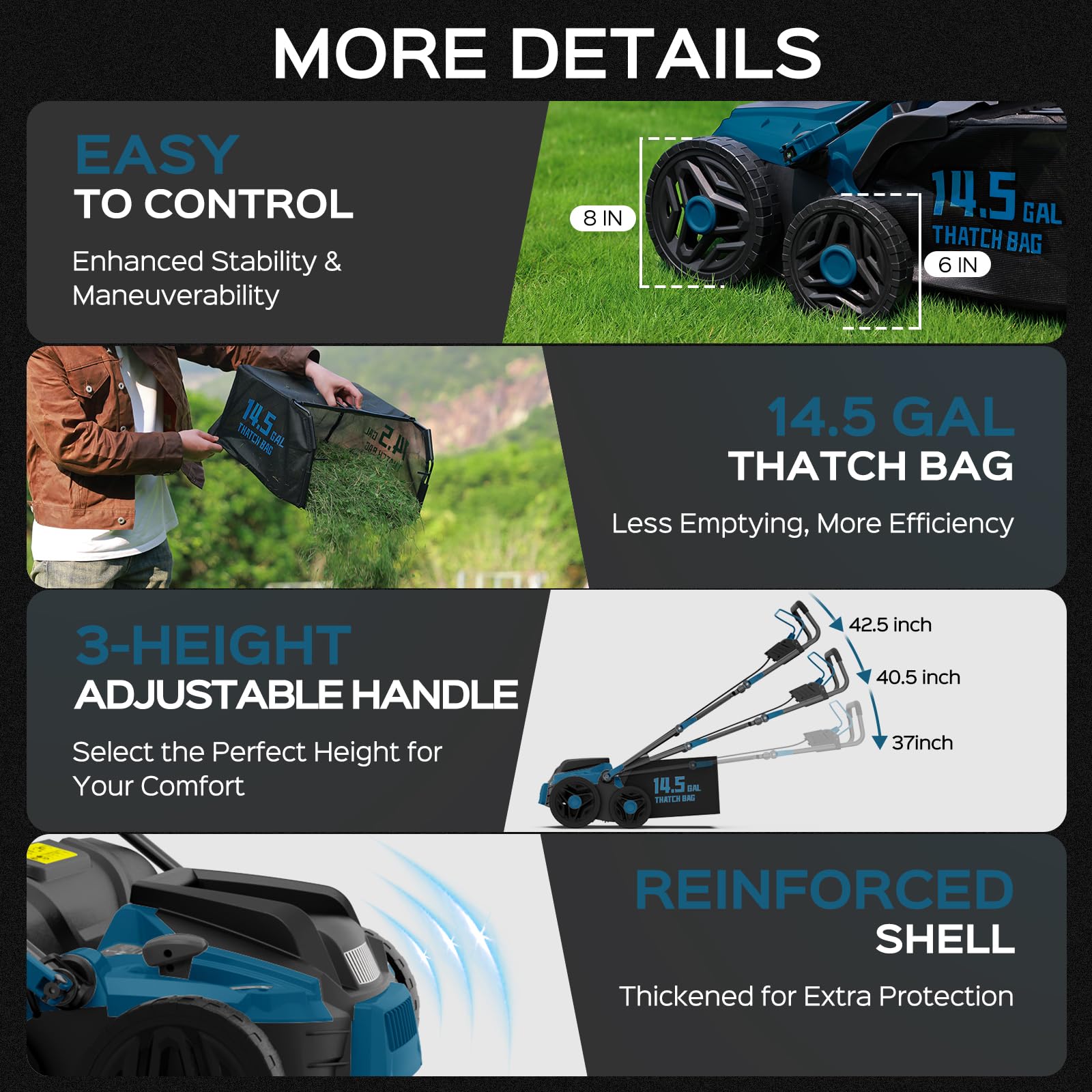 TIECTOWN 2025 Upgrade 16-Inch 15.5 Amp 2-in-1 Electric Dethatcher and Scarifier with 14.5-Gallon Collection Bag, Lawn Dethatcher with 5-Position Depth Adjustment, Keeps Lawn Healthy - Steel Blue