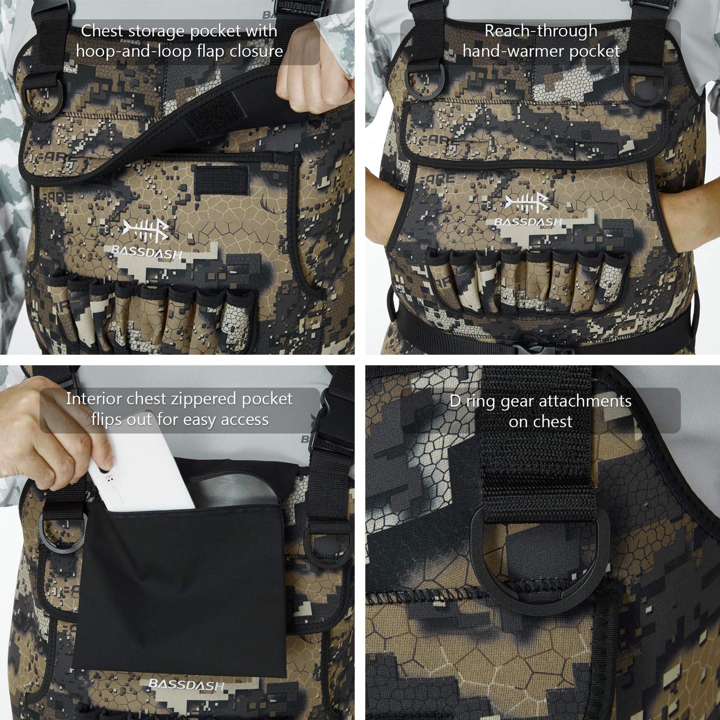 BASSDASH Bare Camo Neoprene Chest Fishing Hunting Waders for Men with 600 Grams Insulated Rubber Bootfoot