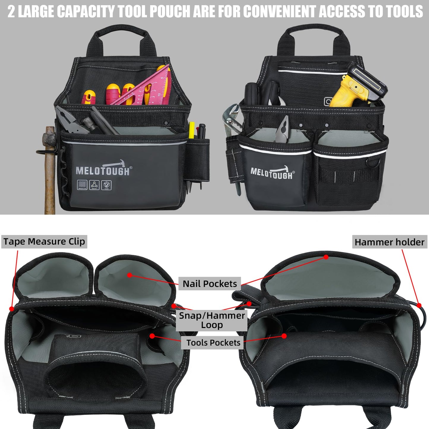 MELOTOUGH Carpenters Tool Belt with Suspenders Professional Tool Belt Combo Organizer With Tool Pouch Suspenders with 32 Pockets and Loops fits 32"-50"Waist for Electrican/Contractor/Technican/(Black)