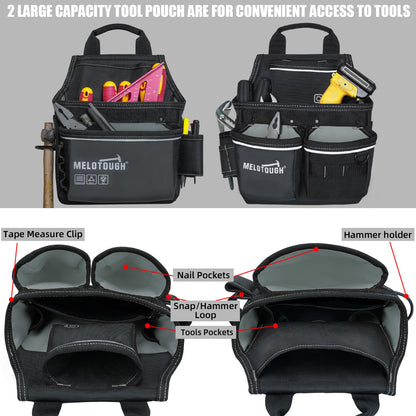 MELOTOUGH Carpenters Tool Belt with Suspenders Professional Tool Belt Combo Organizer With Tool Pouch Suspenders with 32 Pockets and Loops fits 32"-50"Waist for Electrican/Contractor/Technican/(Black)