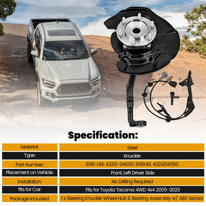 698-149 Front Steering Knuckle Wheel Bearing Hub Assembly Compatible with Toyota Tacoma 2.7L 3.5L 4.0L 4WD 2005-2023 Driver Spindle Knuckle assy w/ABS sensor replace for 43212-04060 43212-04050