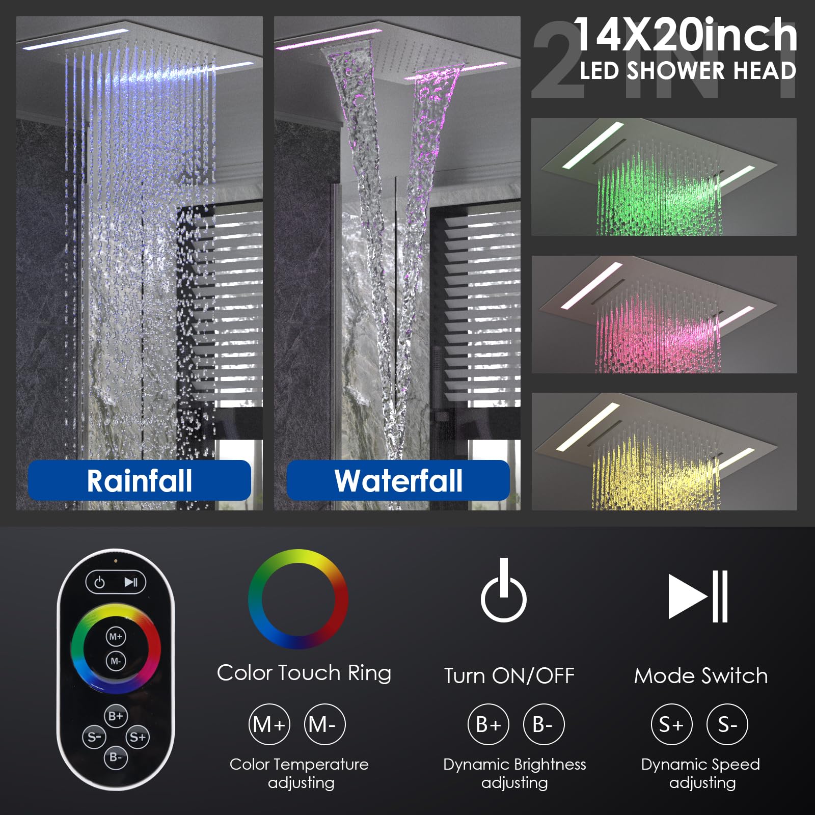 ENGA Dual Rain Shower Head System, 2 In 1 Functions Ceiling Mount 14x20inch LED Shower Head with 6 Inch Shower Head, Rainfall Waterfall Shower Faucet Set, Brushed Nickel