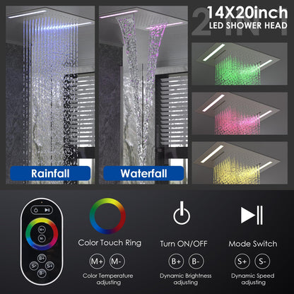 ENGA Dual Rain Shower Head System, 2 In 1 Functions Ceiling Mount 14x20inch LED Shower Head with 6 Inch Shower Head, Rainfall Waterfall Shower Faucet Set, Brushed Nickel
