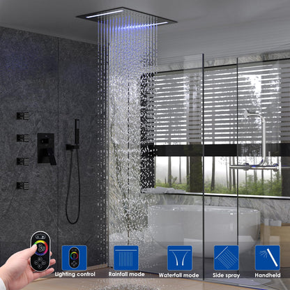 ENGA Shower System with Body Jets, 2 In 1 Functions Ceiling Mount 14x20inch LED Shower Head with 4 Body Jets, Rainfall Waterfall Shower Faucet Set, Matte Black