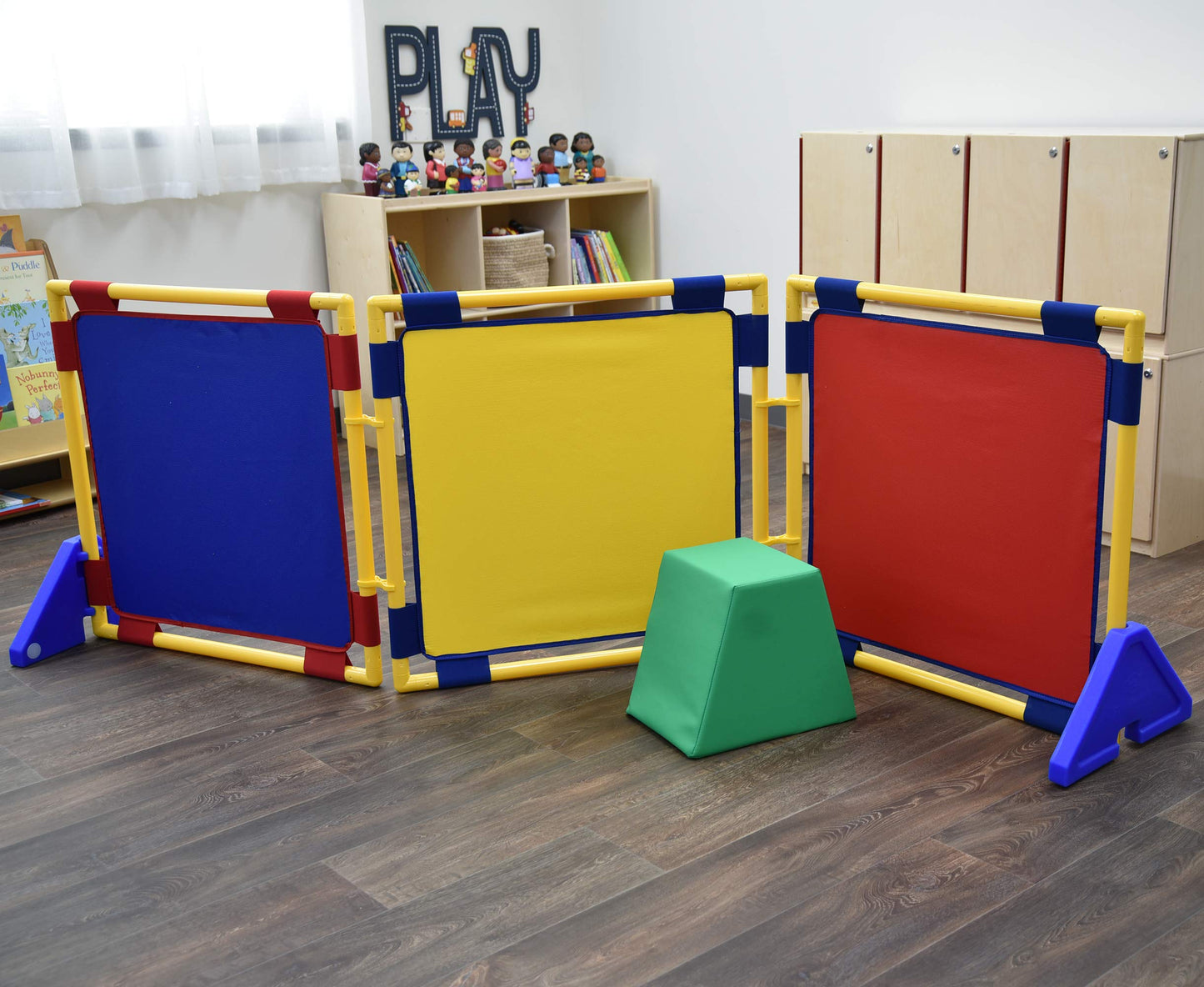 Children's Factory Square PlayPanel - Set of 3, Kids Room Divider, Classroom Privacy Screen, Cantilever Feet Included, Rainbow