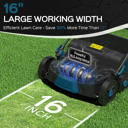TIECTOWN 2025 Upgrade 16-Inch 15.5 Amp 2-in-1 Electric Dethatcher and Scarifier with 14.5-Gallon Collection Bag, Lawn Dethatcher with 5-Position Depth Adjustment, Keeps Lawn Healthy - Steel Blue