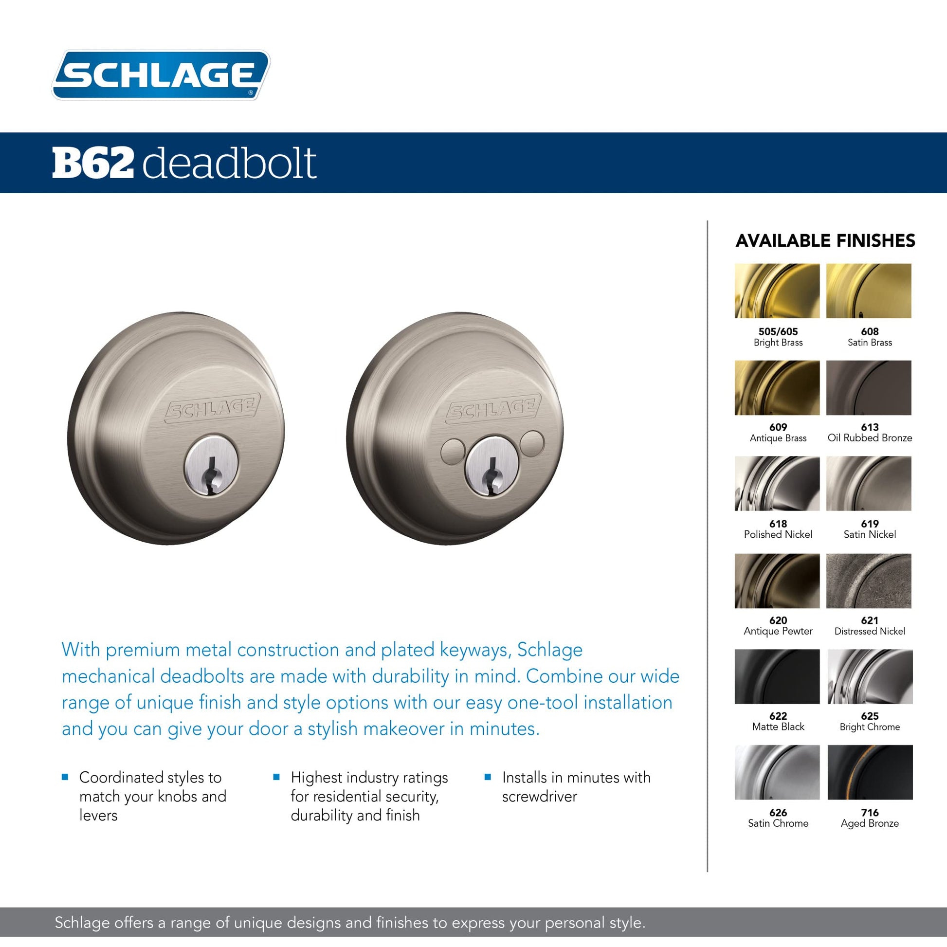 Schlage B62NV716 Deadbolt with Standard Trim Keyed 2 Sides, Highest Residential Security, Aged Bronze