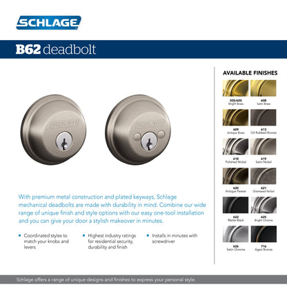 Schlage B62NV716 Deadbolt with Standard Trim Keyed 2 Sides, Highest Residential Security, Aged Bronze